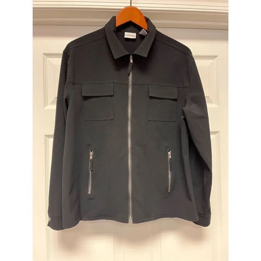 Chicos Black Zip Up Jacket sz 2 or L EUC